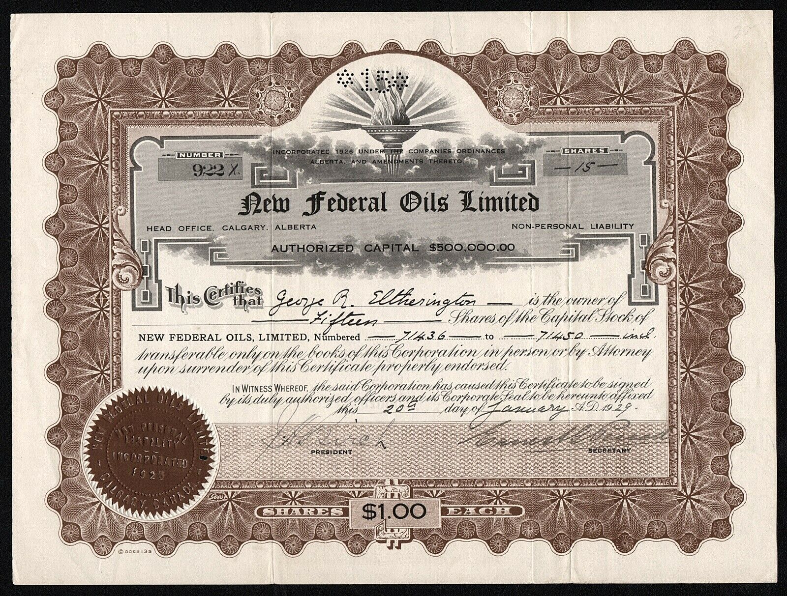 1929 Calgary, Alberta, Canada: New Federal Oils Limited
